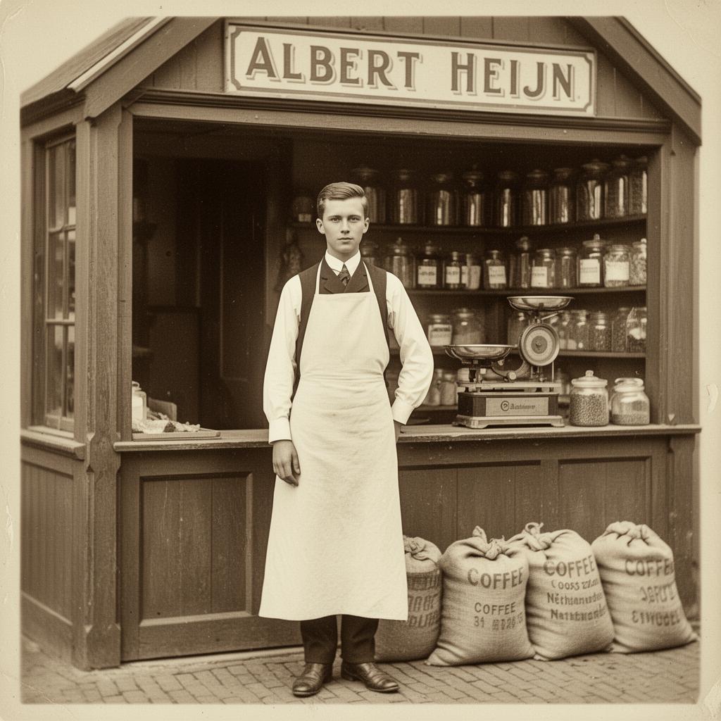 Sepia portrait of a young Albert Heijn in 1887, aged 21, standing in his small grocery shop in Oostzaan.