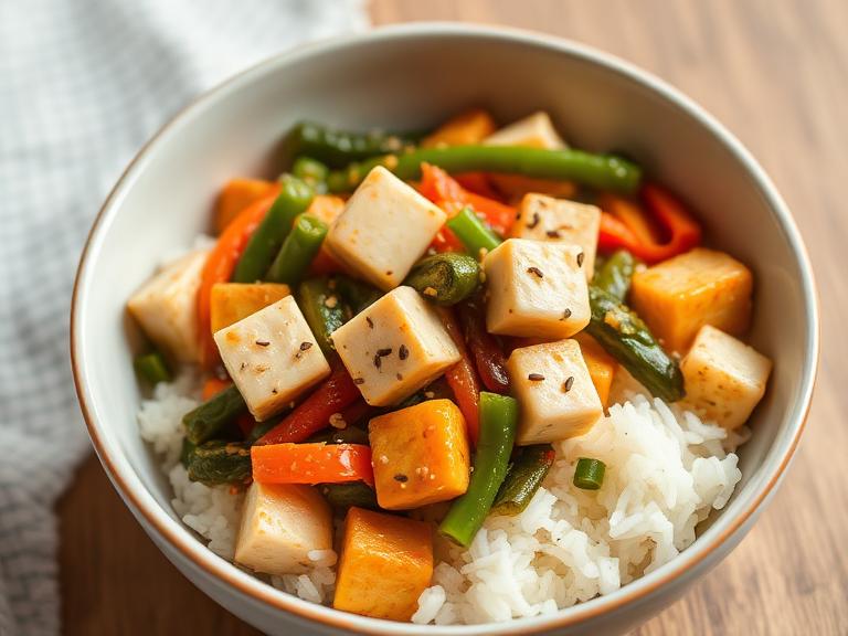 Plant Chicken Stir Fry with Garlic Rice