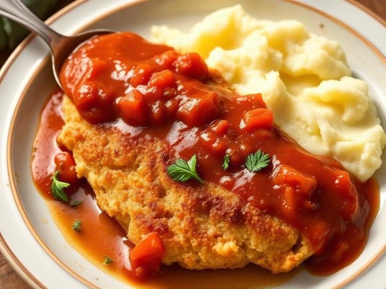 Schnitzel with Mash & Tomato-Oregano Sauce
